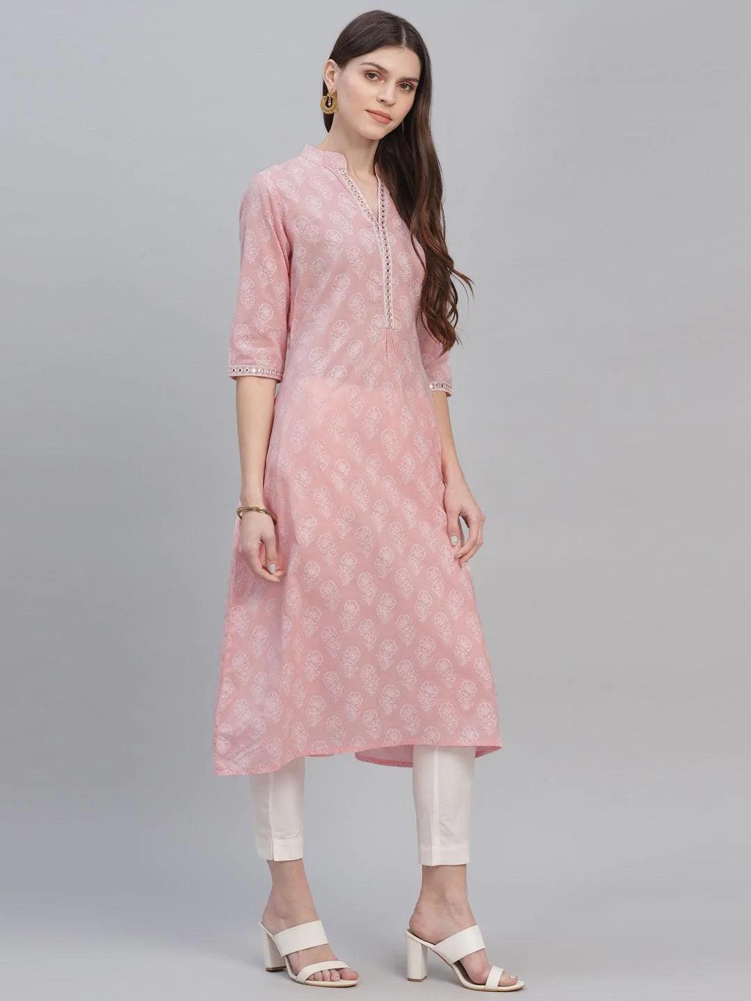 Pink Printed Cotton Kurta