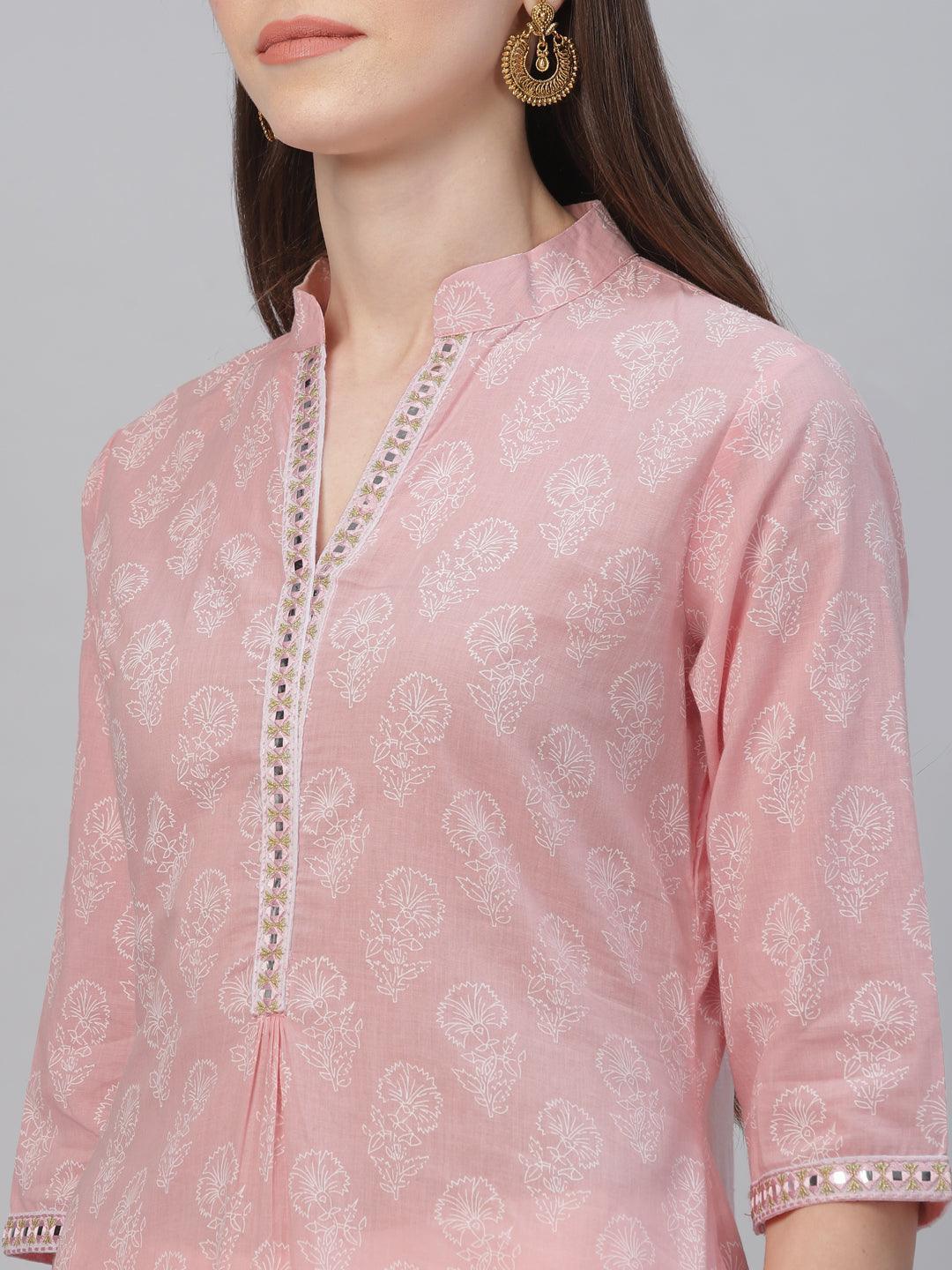 Pink Printed Cotton Kurta - ShopLibas