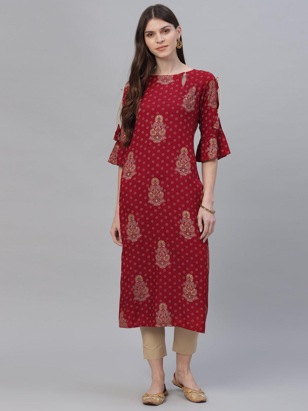 Maroon Printed Rayon Kurta