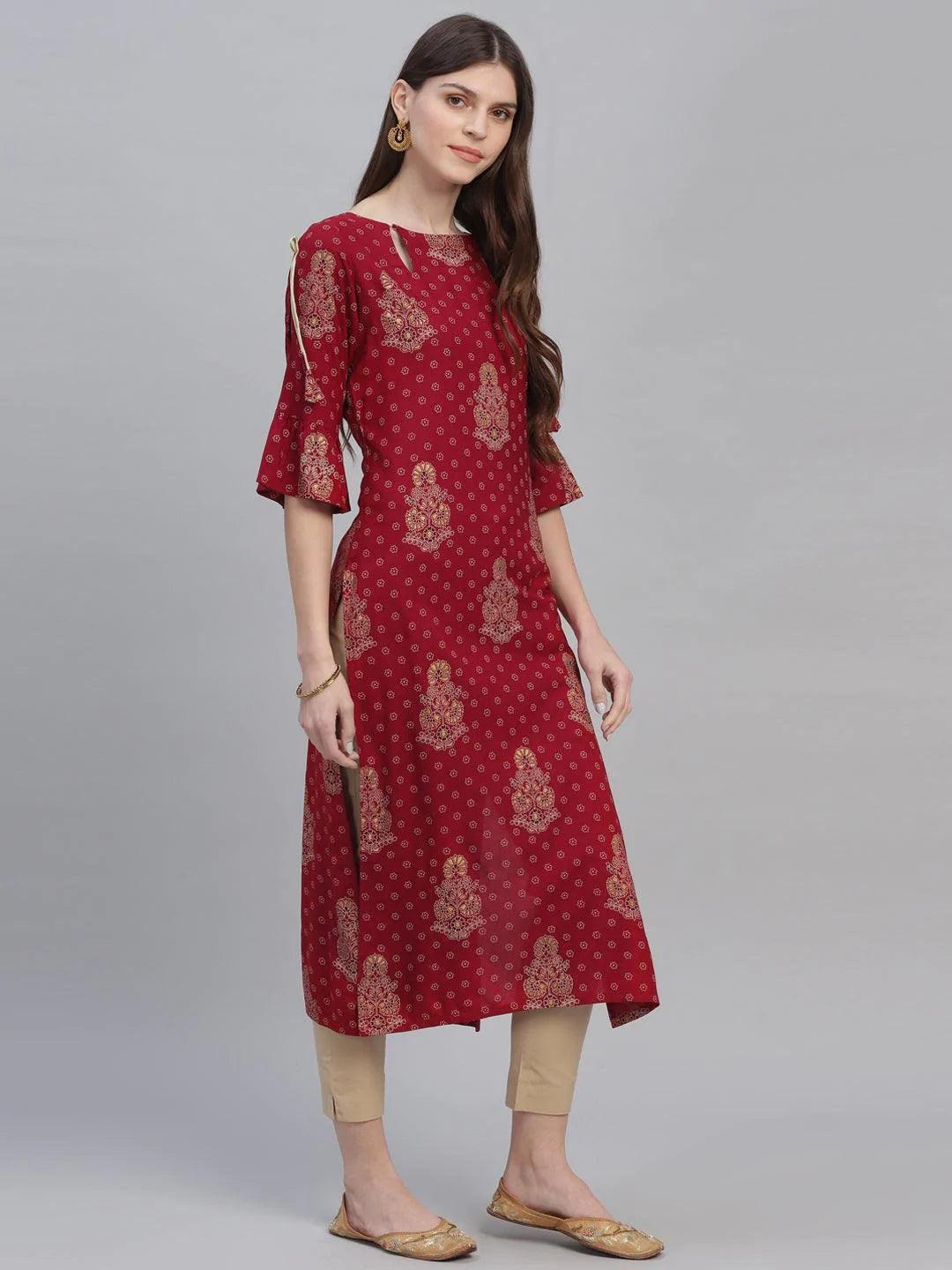 Maroon Printed Rayon Kurta - ShopLibas