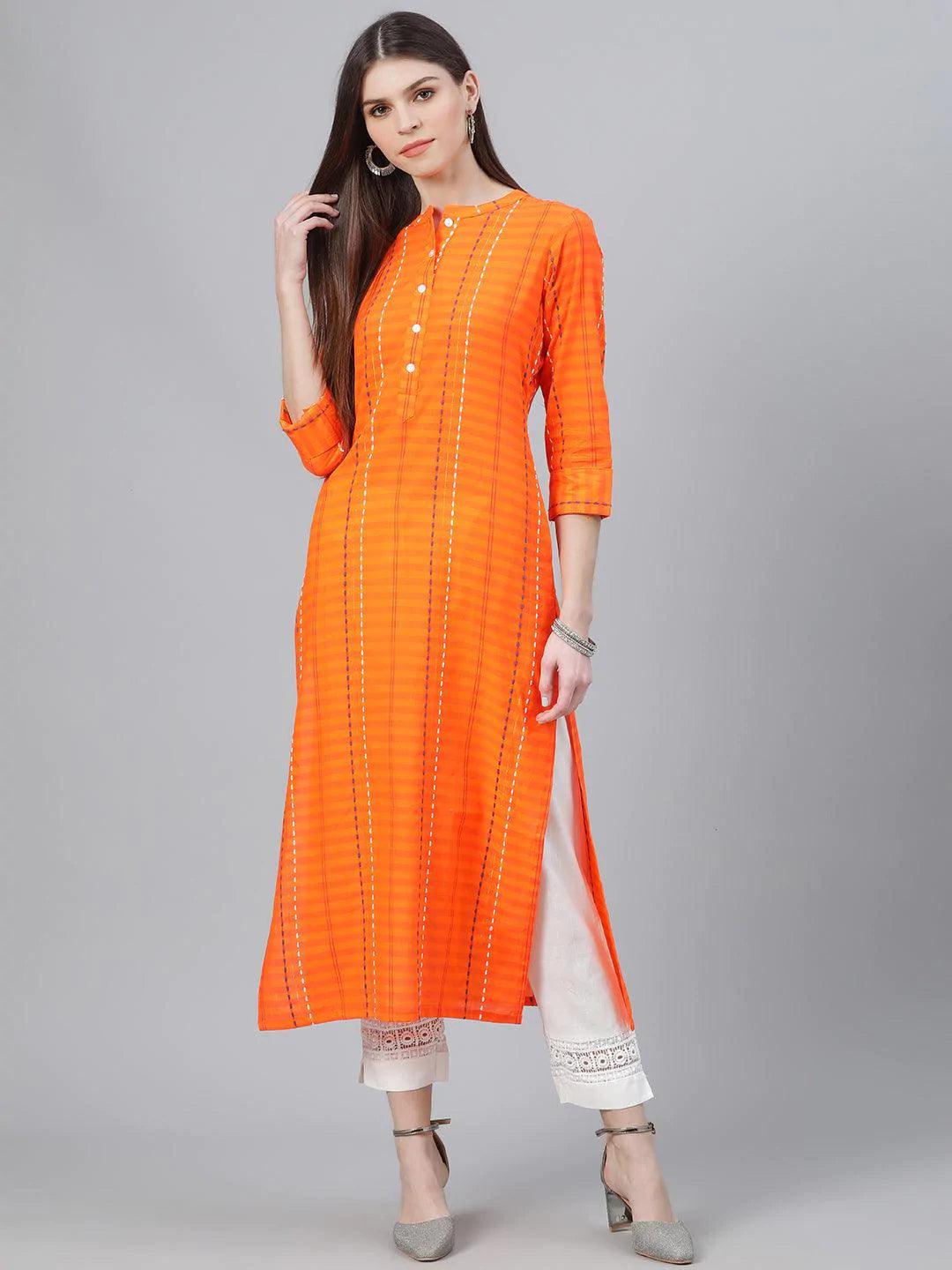 Orange Striped Cotton Kurta