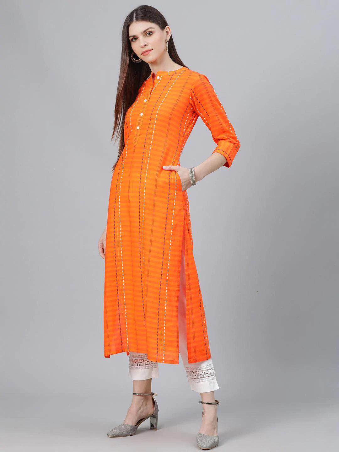 Orange Striped Cotton Kurta