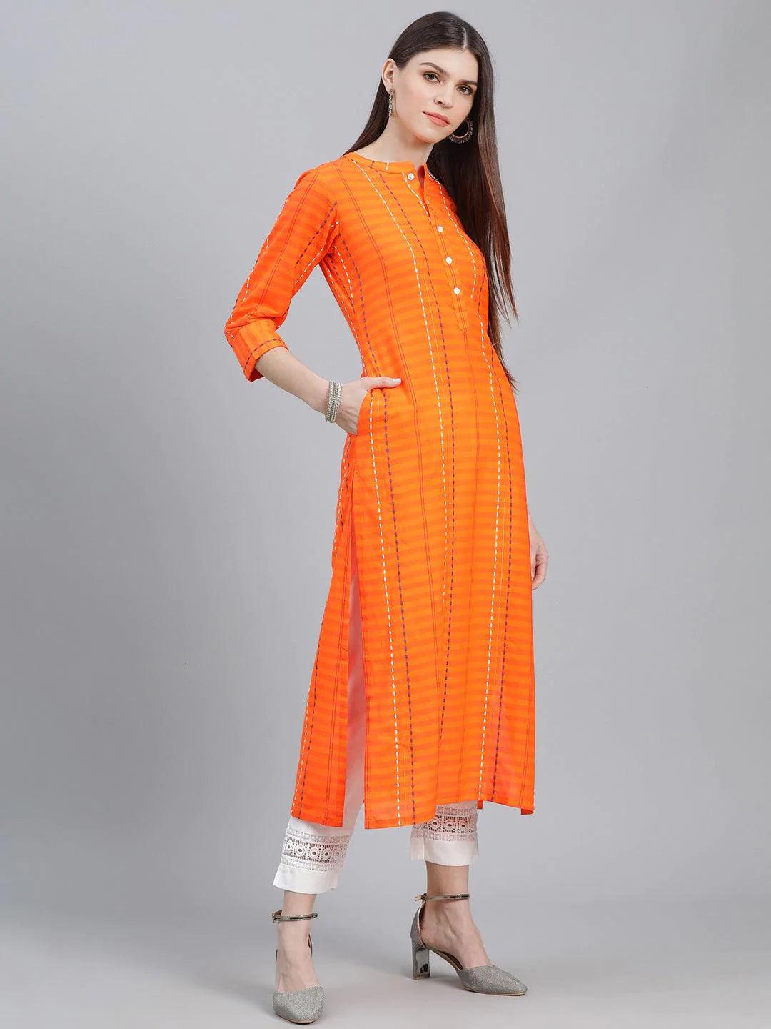 Orange Striped Cotton Kurta