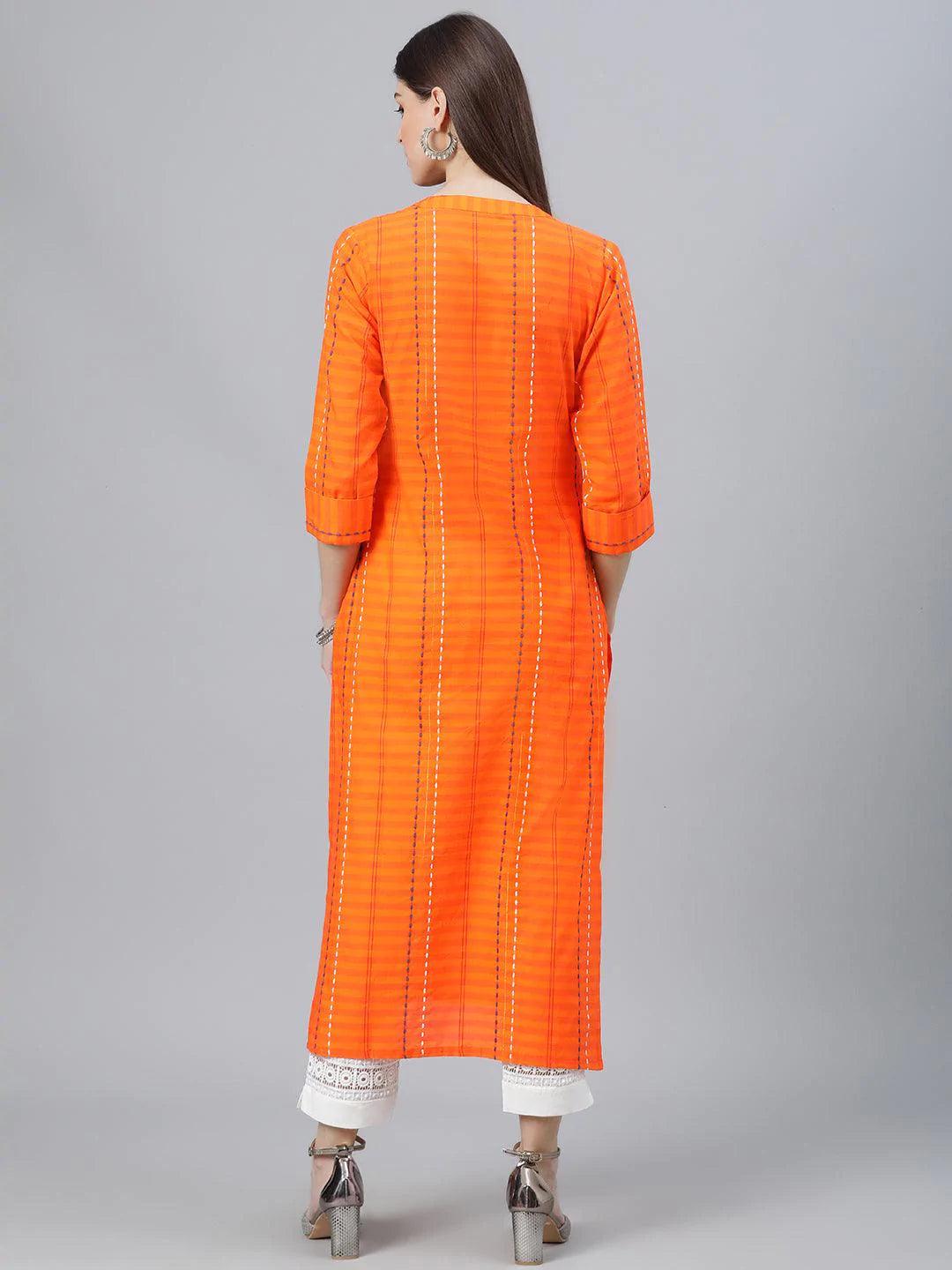 Orange Striped Cotton Kurta