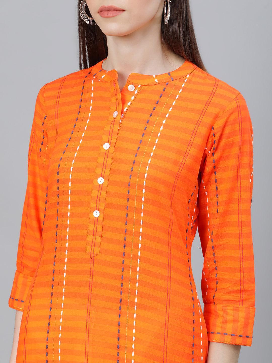 Orange Striped Cotton Kurta