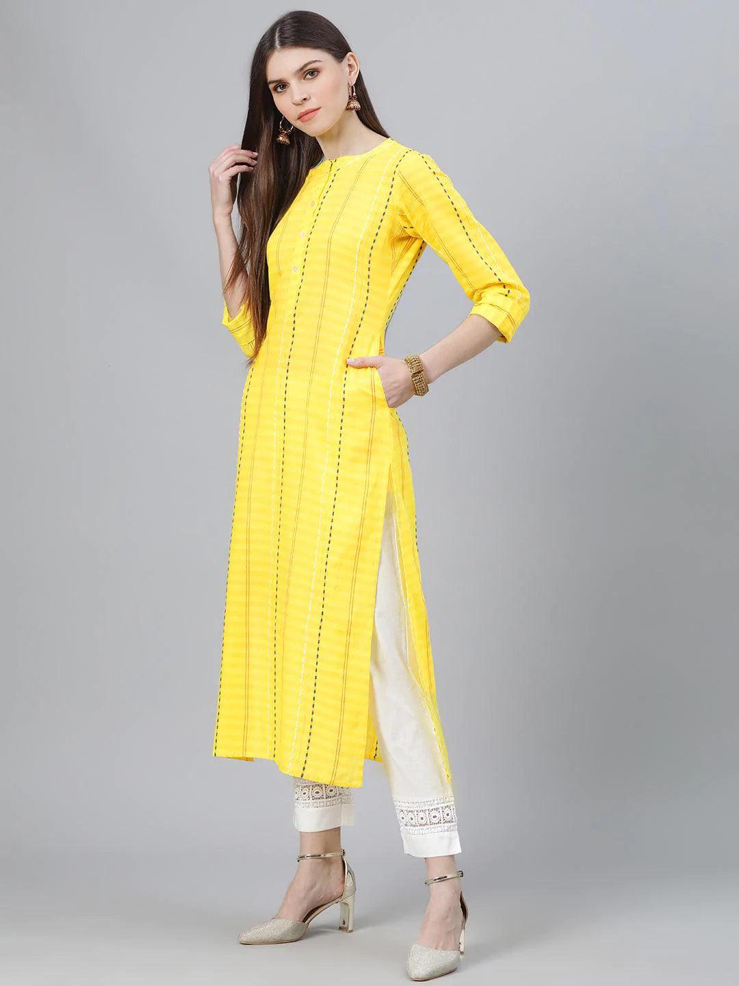 Yellow Striped Cotton Kurta - ShopLibas