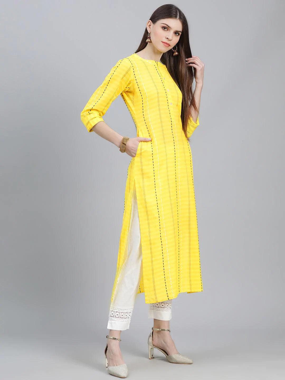 Yellow Striped Cotton Kurta - ShopLibas