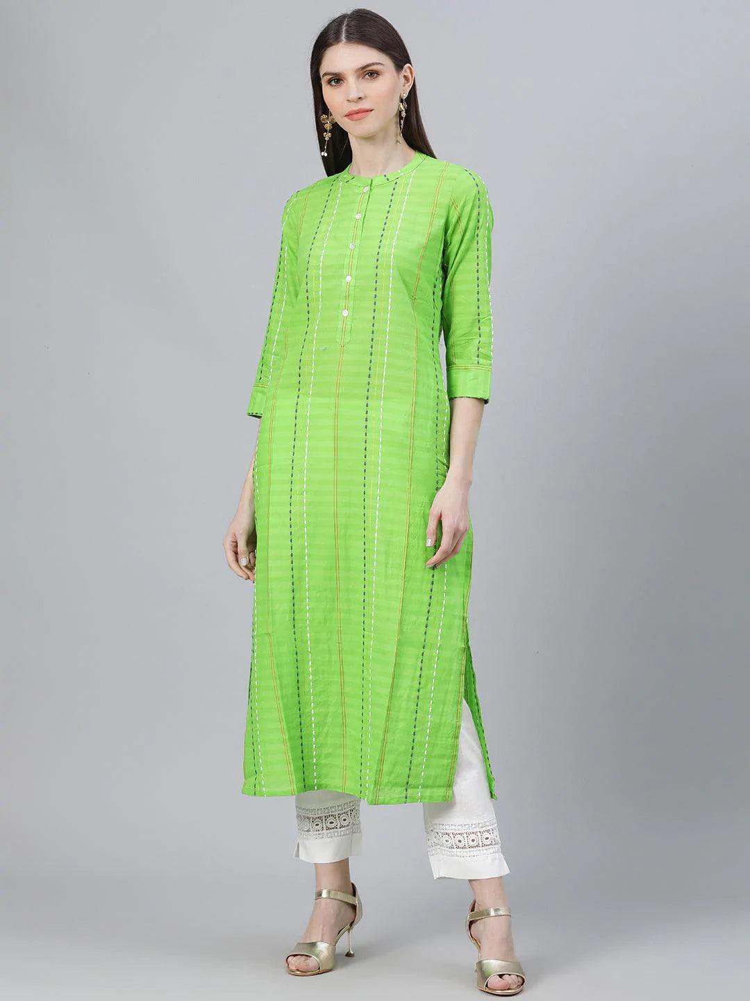 Green Striped Cotton Kurta