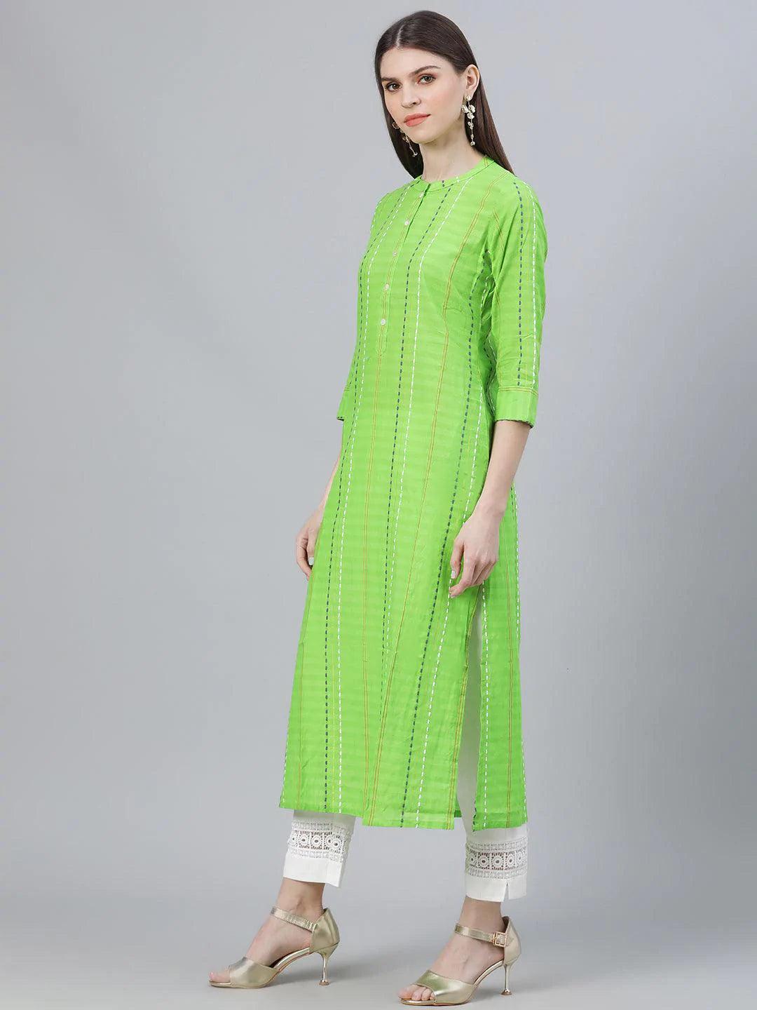 Green Striped Cotton Kurta