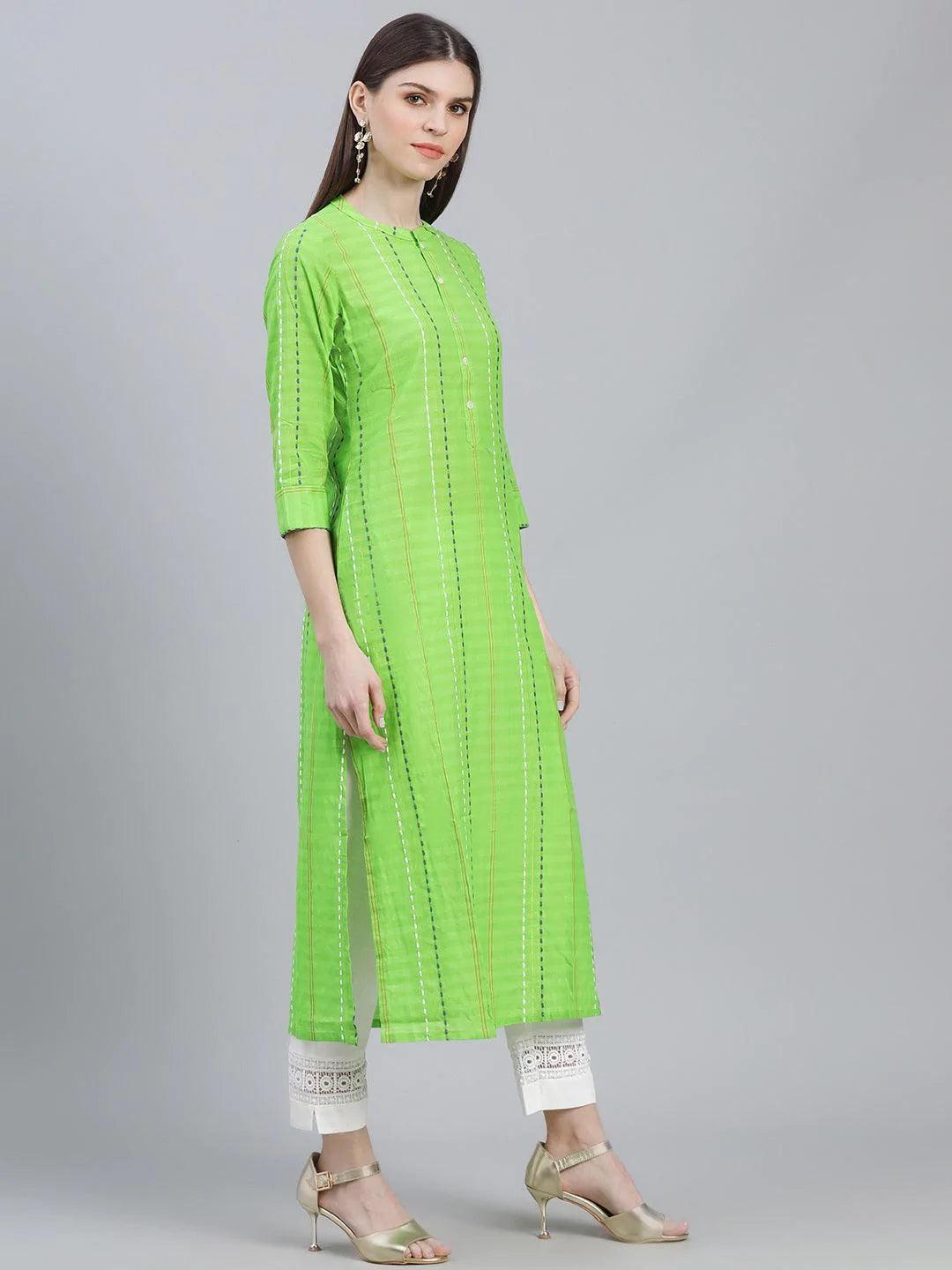 Green Striped Cotton Kurta