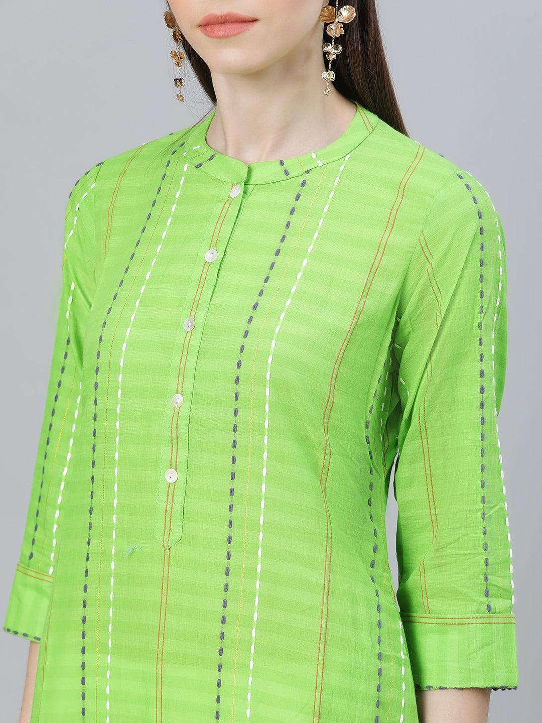 Green Striped Cotton Kurta