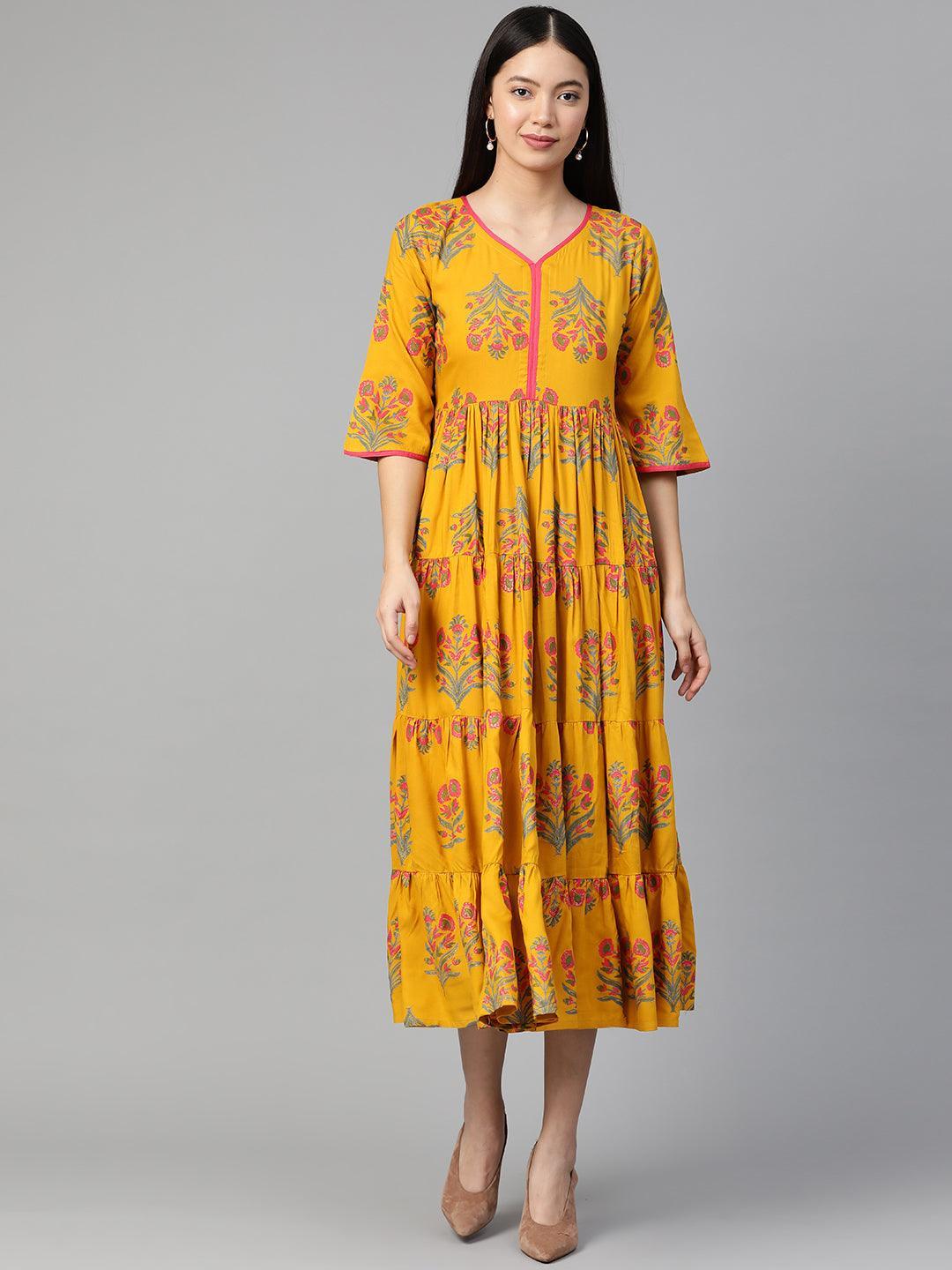 Yellow Printed Rayon Dress