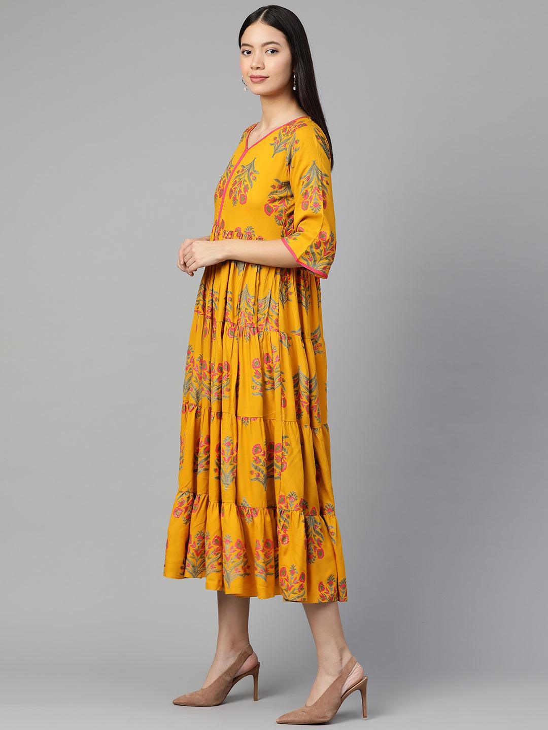 Yellow Printed Rayon Dress