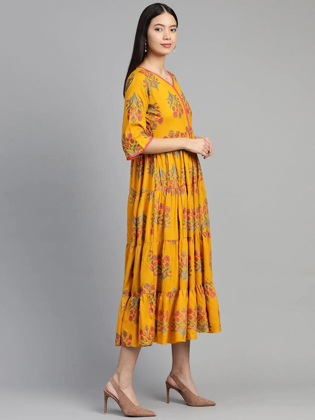 Yellow Printed Rayon Dress