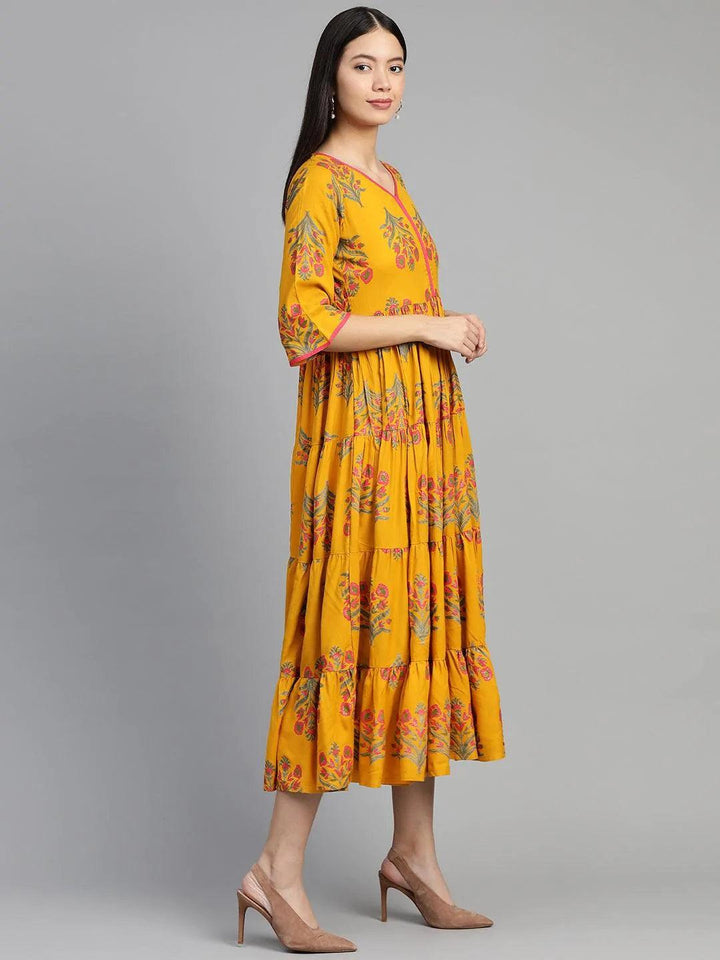 Yellow Printed Rayon Dress - ShopLibas