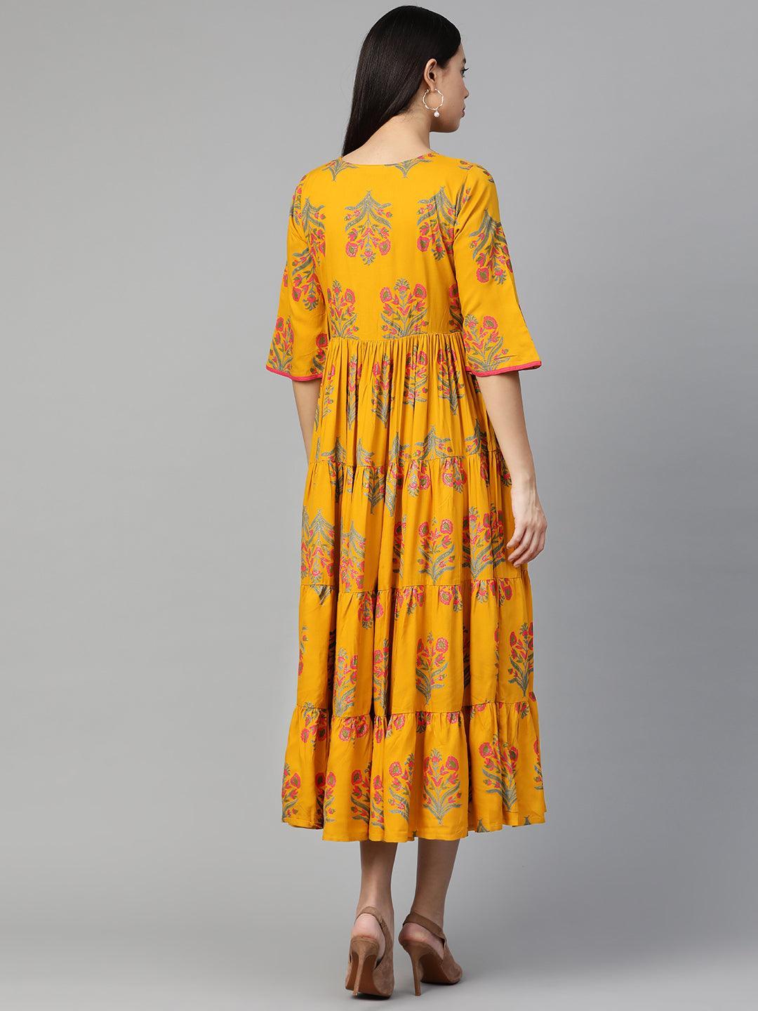 Yellow Printed Rayon Dress