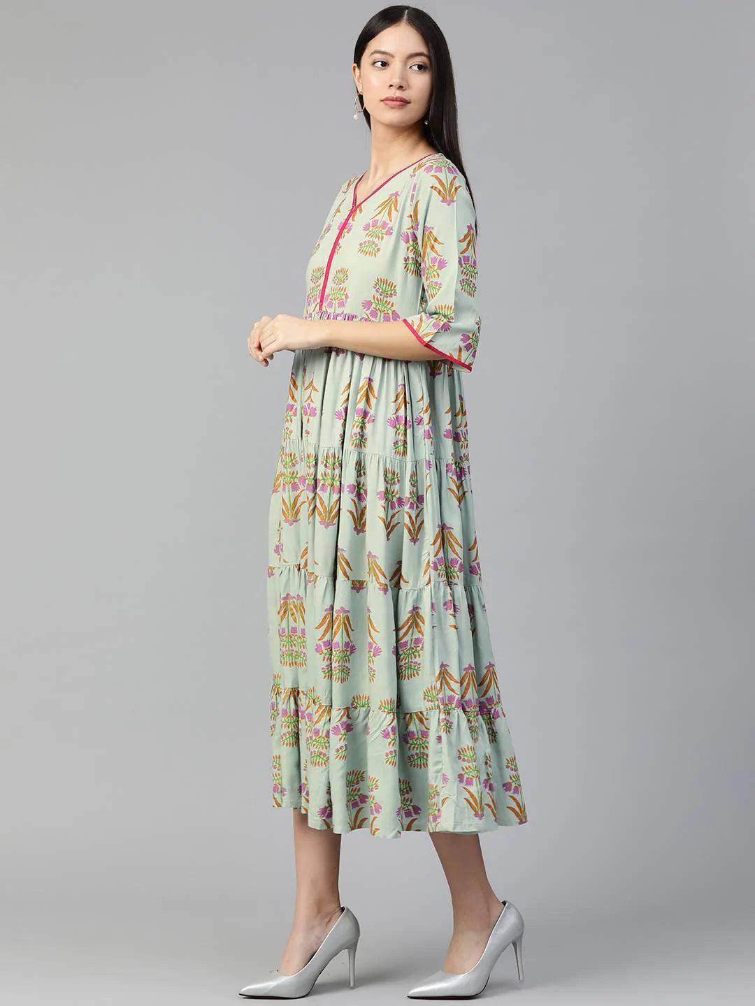 Green Printed Rayon Dress