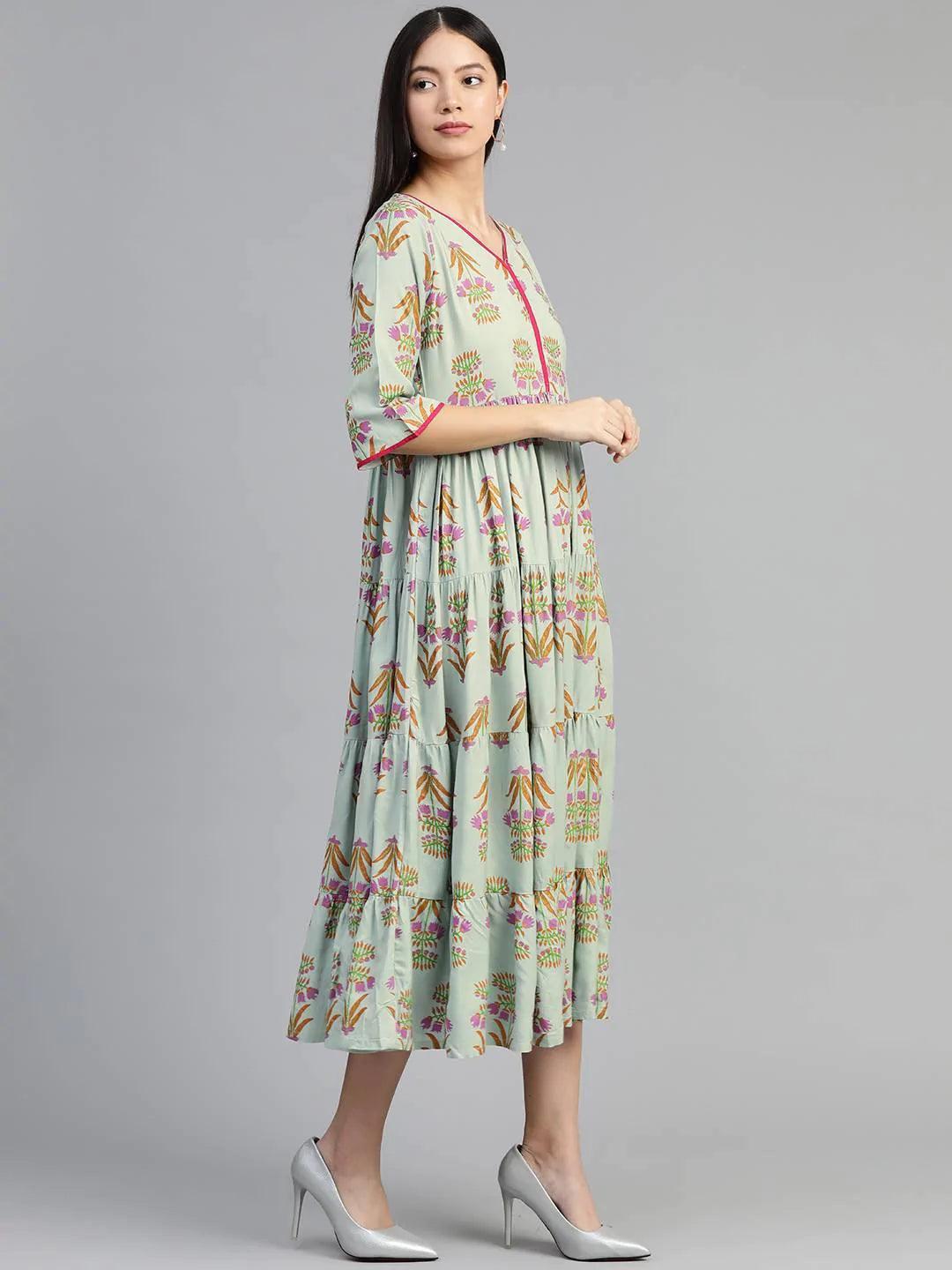 Green Printed Rayon Dress