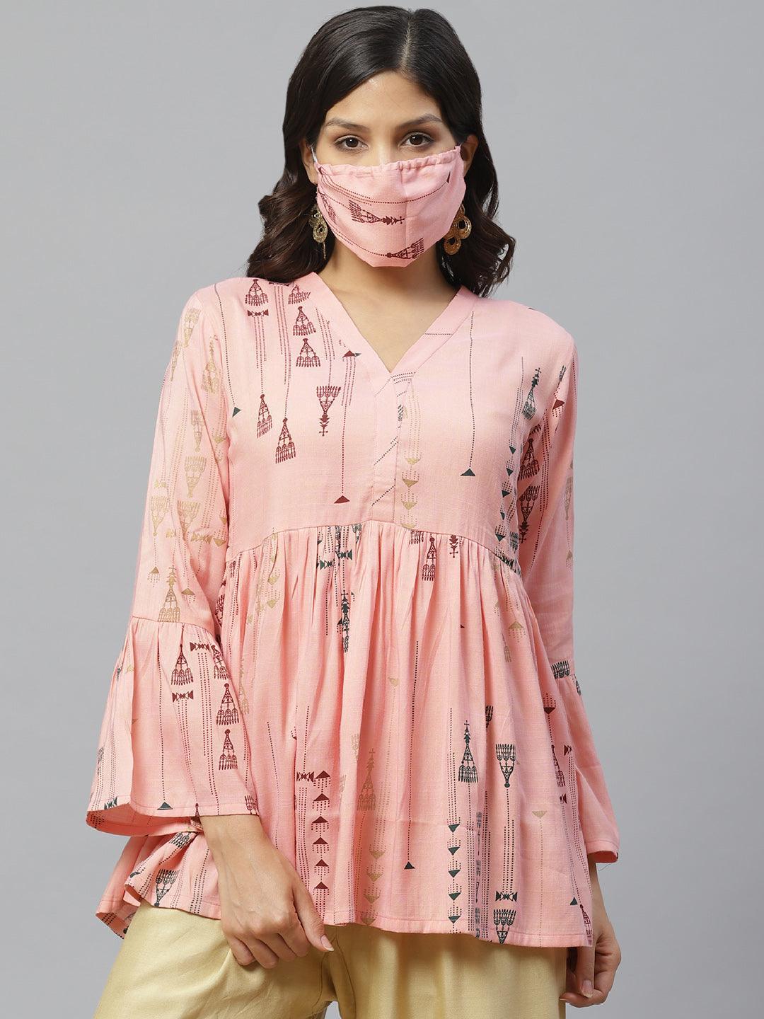 Pink Printed Rayon Kurti With Mask