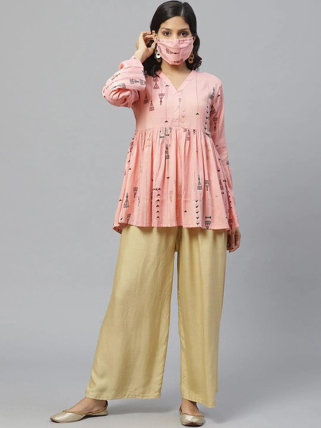 Pink Printed Rayon Kurti With Mask