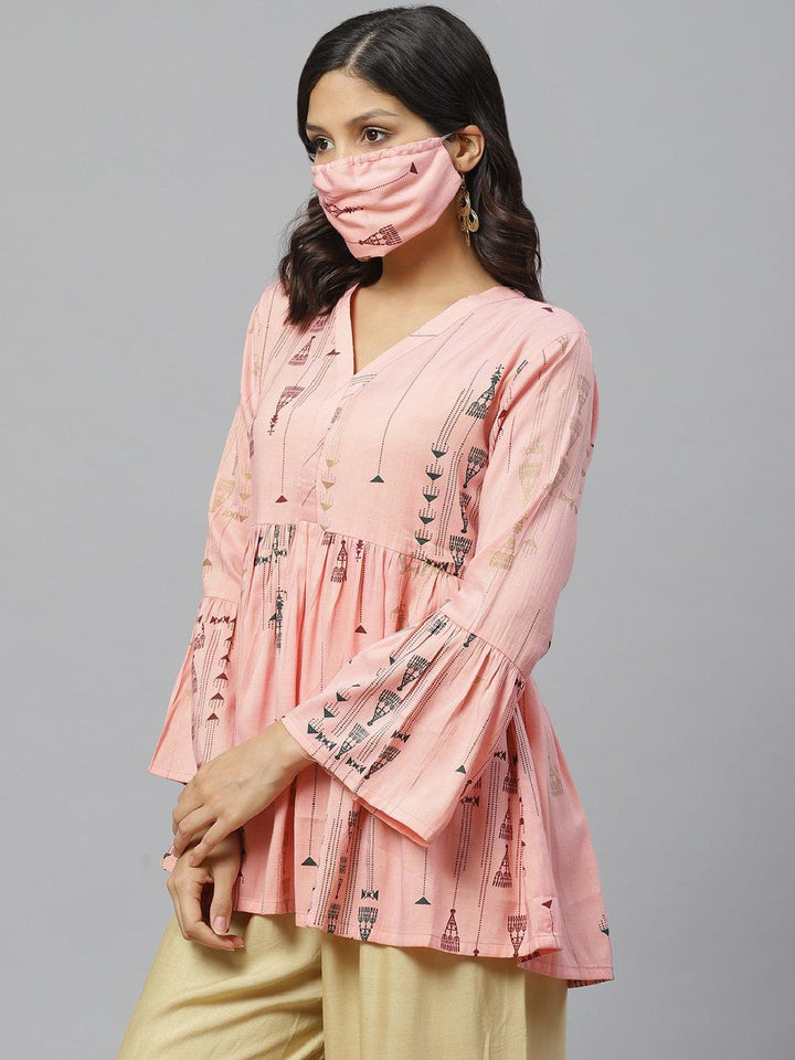 Pink Printed Rayon Kurti With Mask - ShopLibas