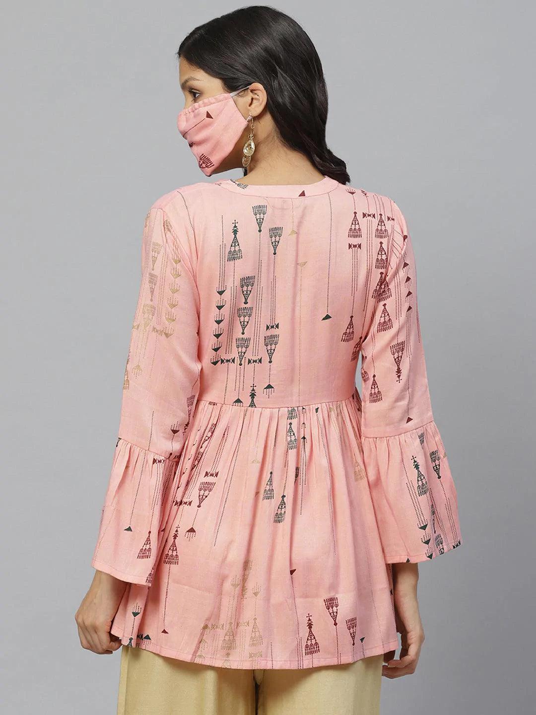 Pink Printed Rayon Kurti With Mask