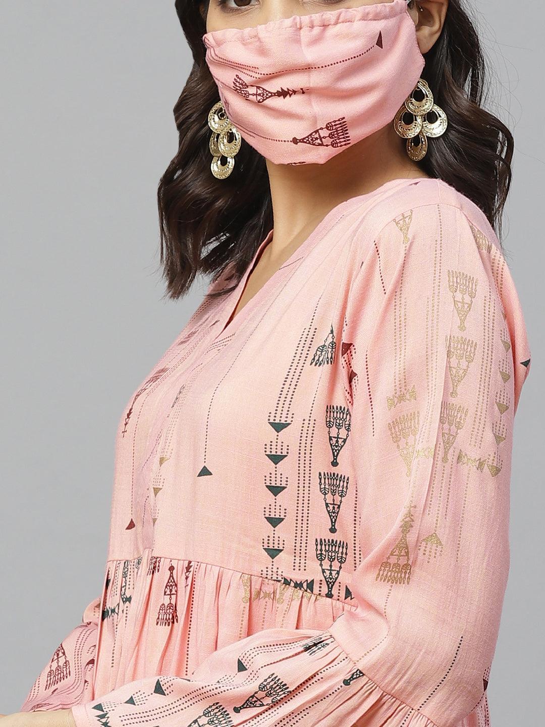 Pink Printed Rayon Kurti With Mask