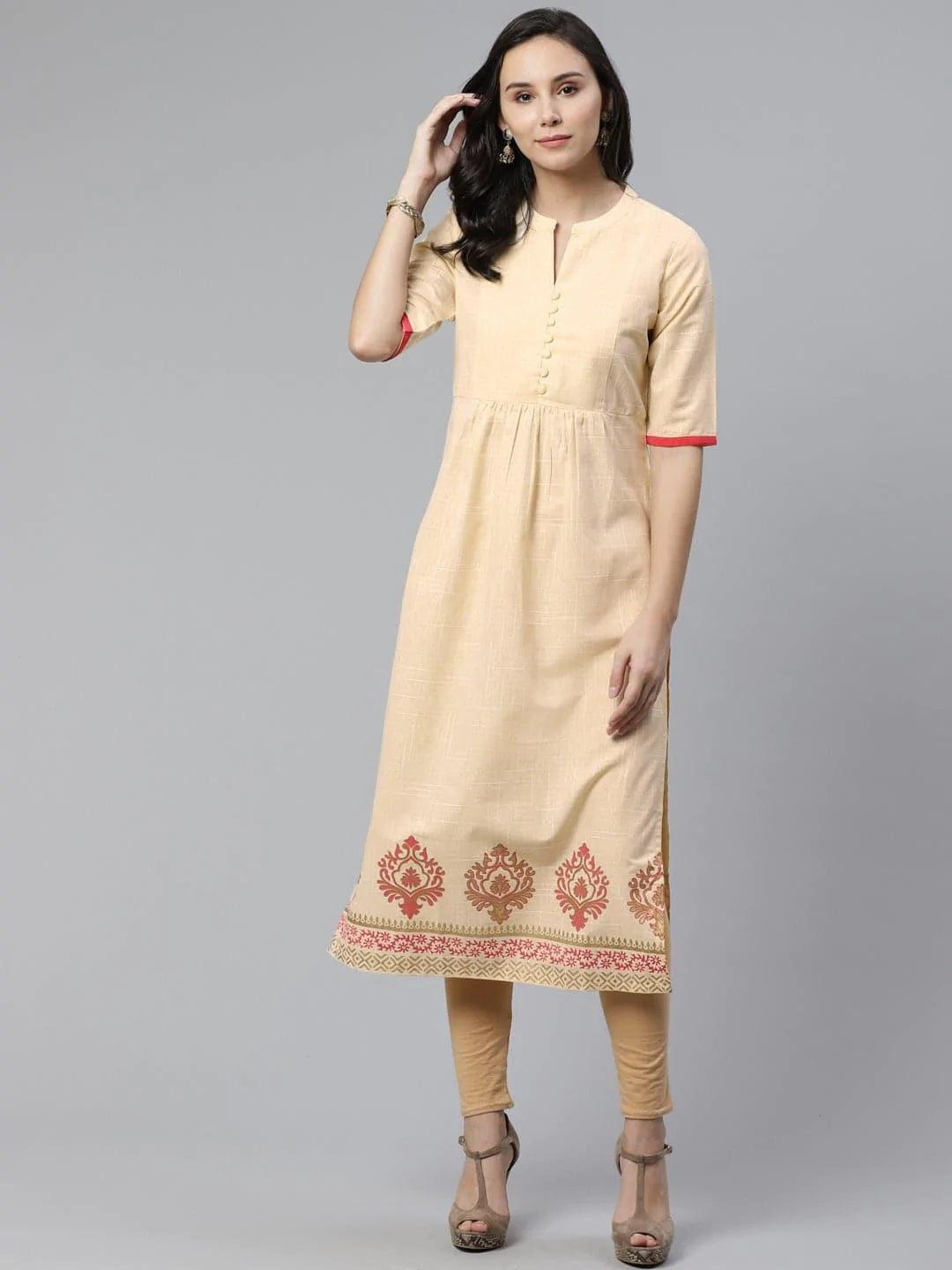 Beige Printed Cotton Kurti - ShopLibas