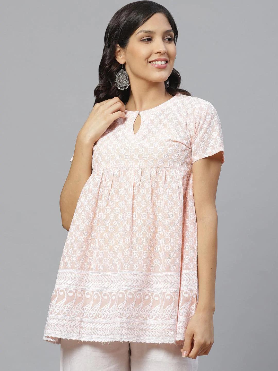 Peach Embroidered Cotton Kurti - ShopLibas