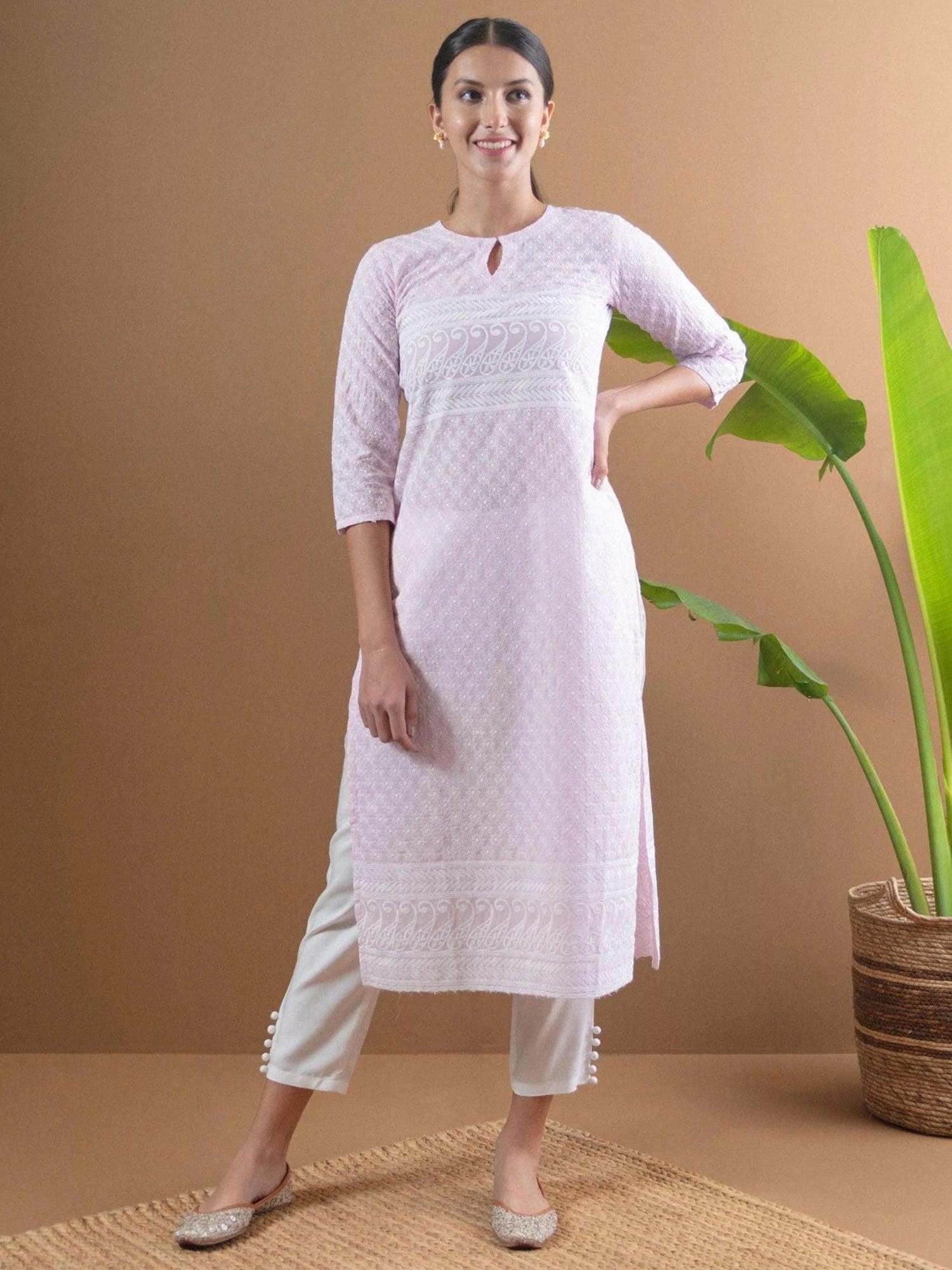 Pink Embroidered Cotton Kurta