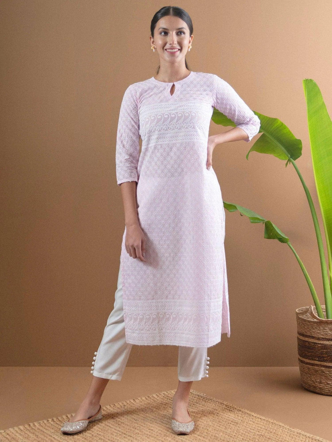 Pink Embroidered Cotton Kurta - ShopLibas