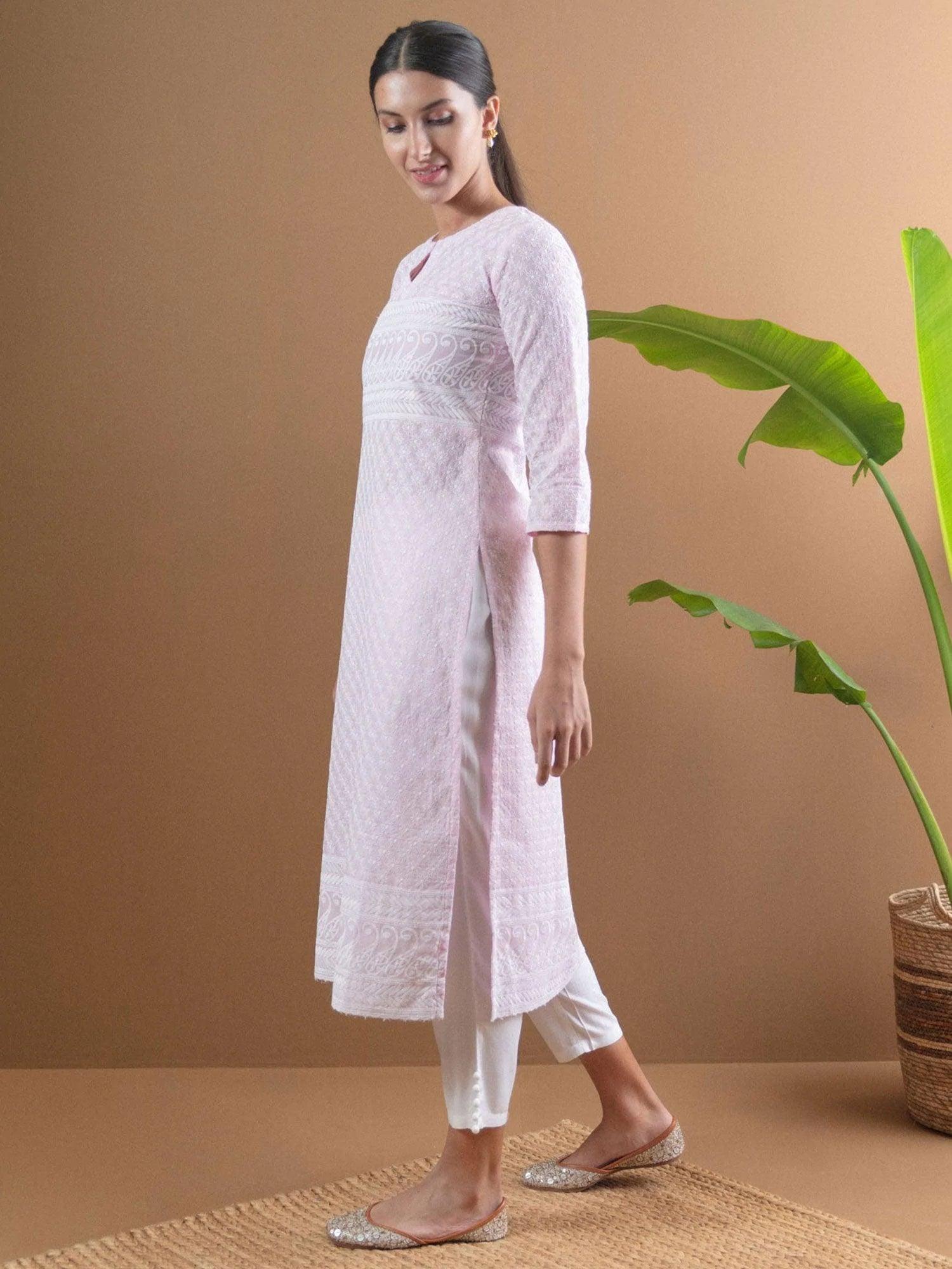 Pink Embroidered Cotton Kurta