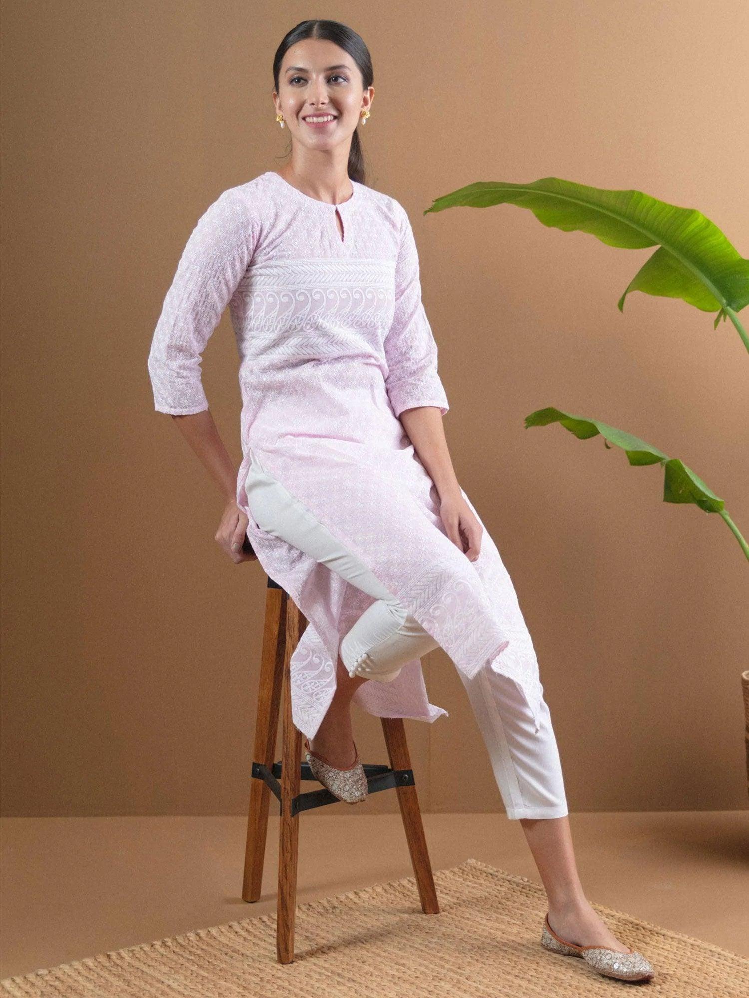 Pink Embroidered Cotton Kurta