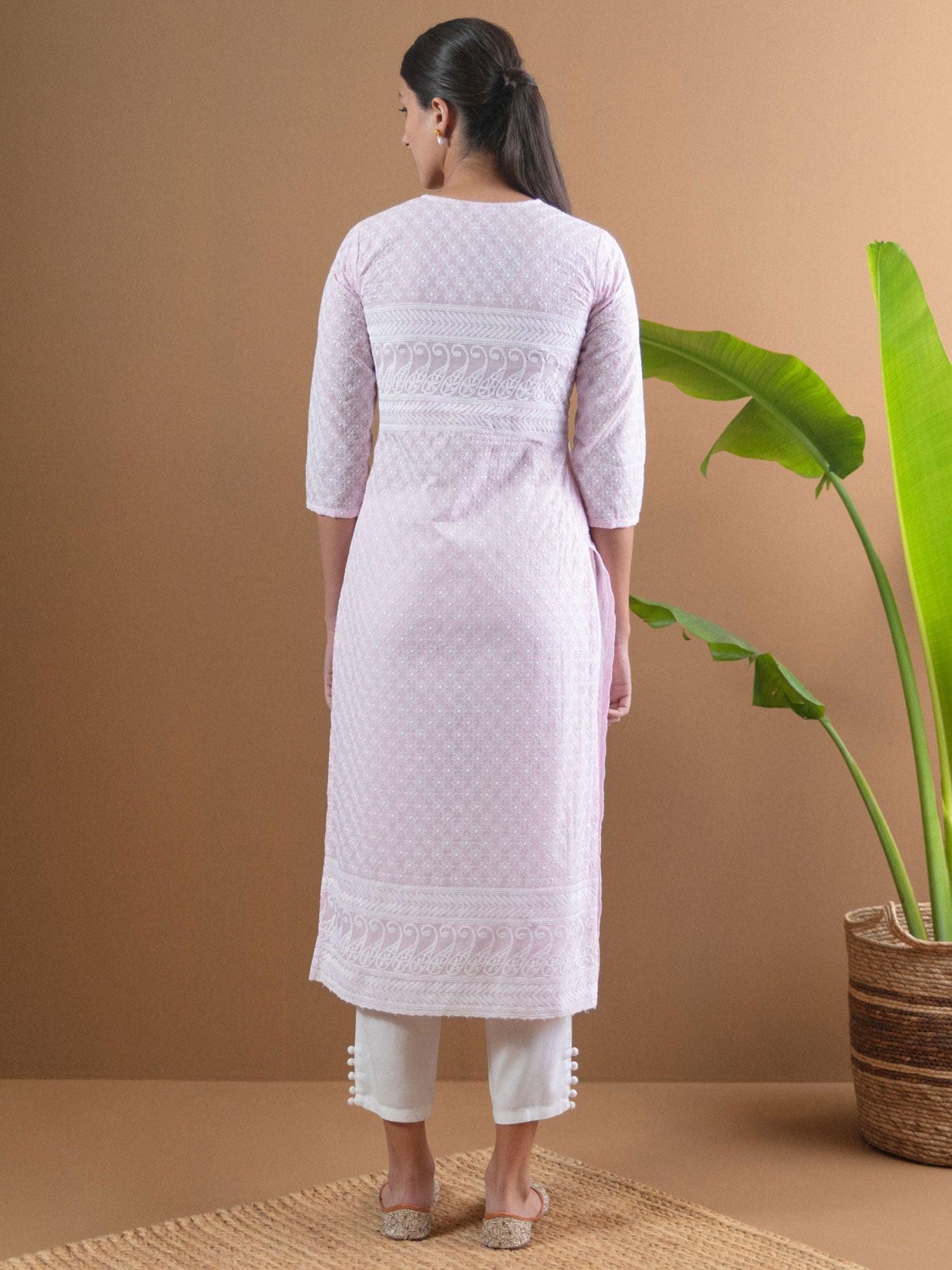 Pink Embroidered Cotton Kurta