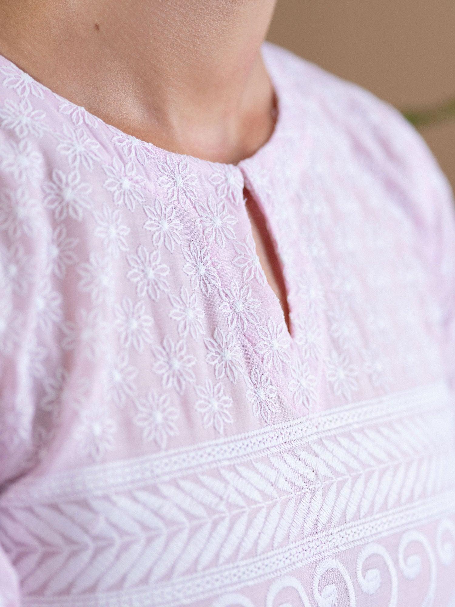 Pink Embroidered Cotton Kurta