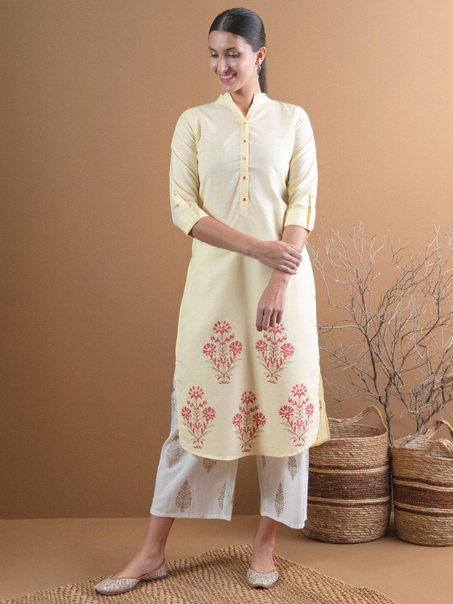 Yellow Printed Cotton Kurta