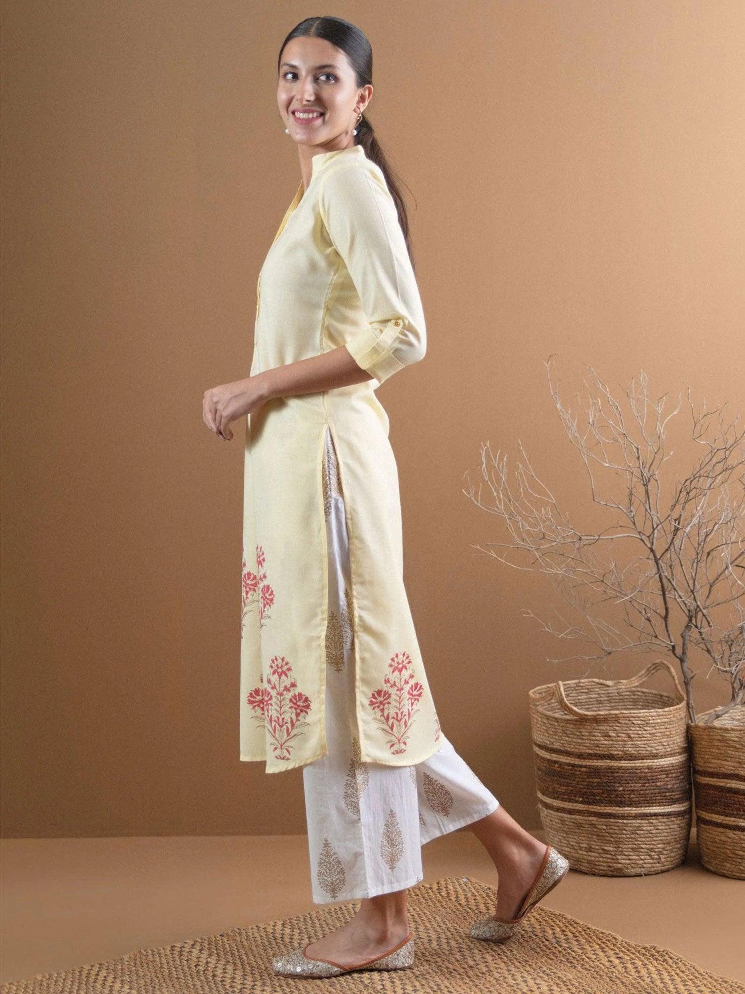 Yellow Printed Cotton Kurta