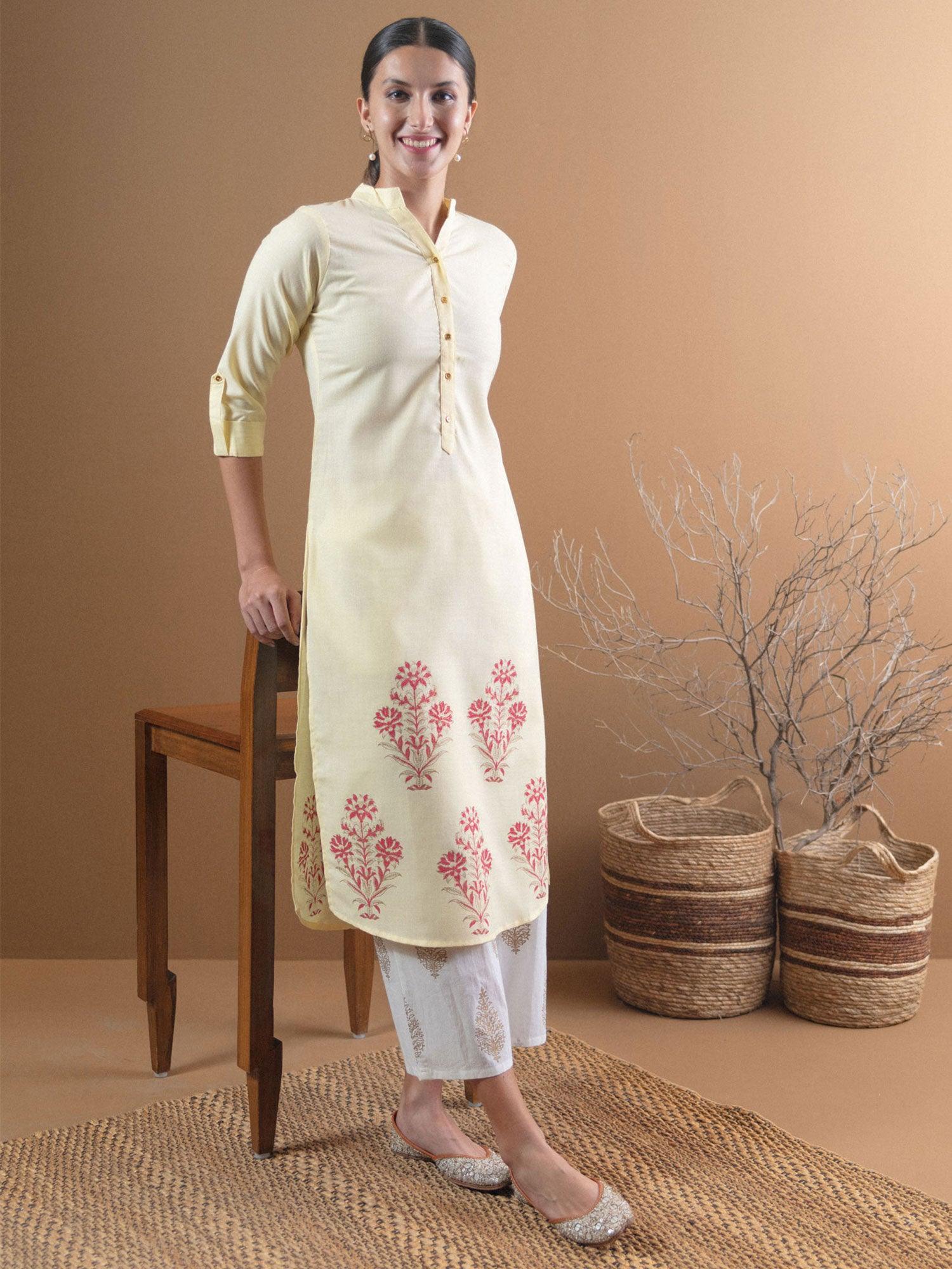 Yellow Printed Cotton Kurta