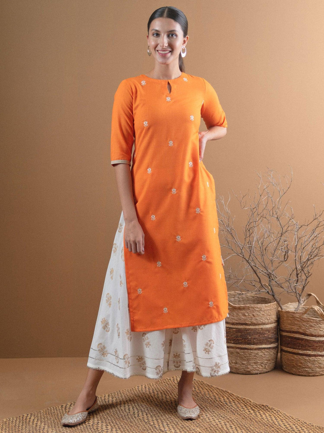 Orange Embroidered Cotton Kurta - ShopLibas