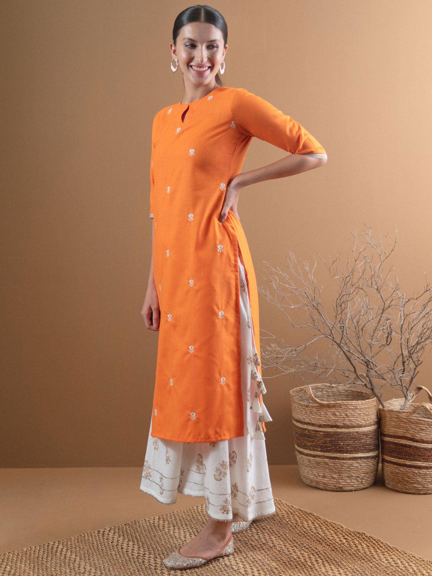 Orange Embroidered Cotton Kurta