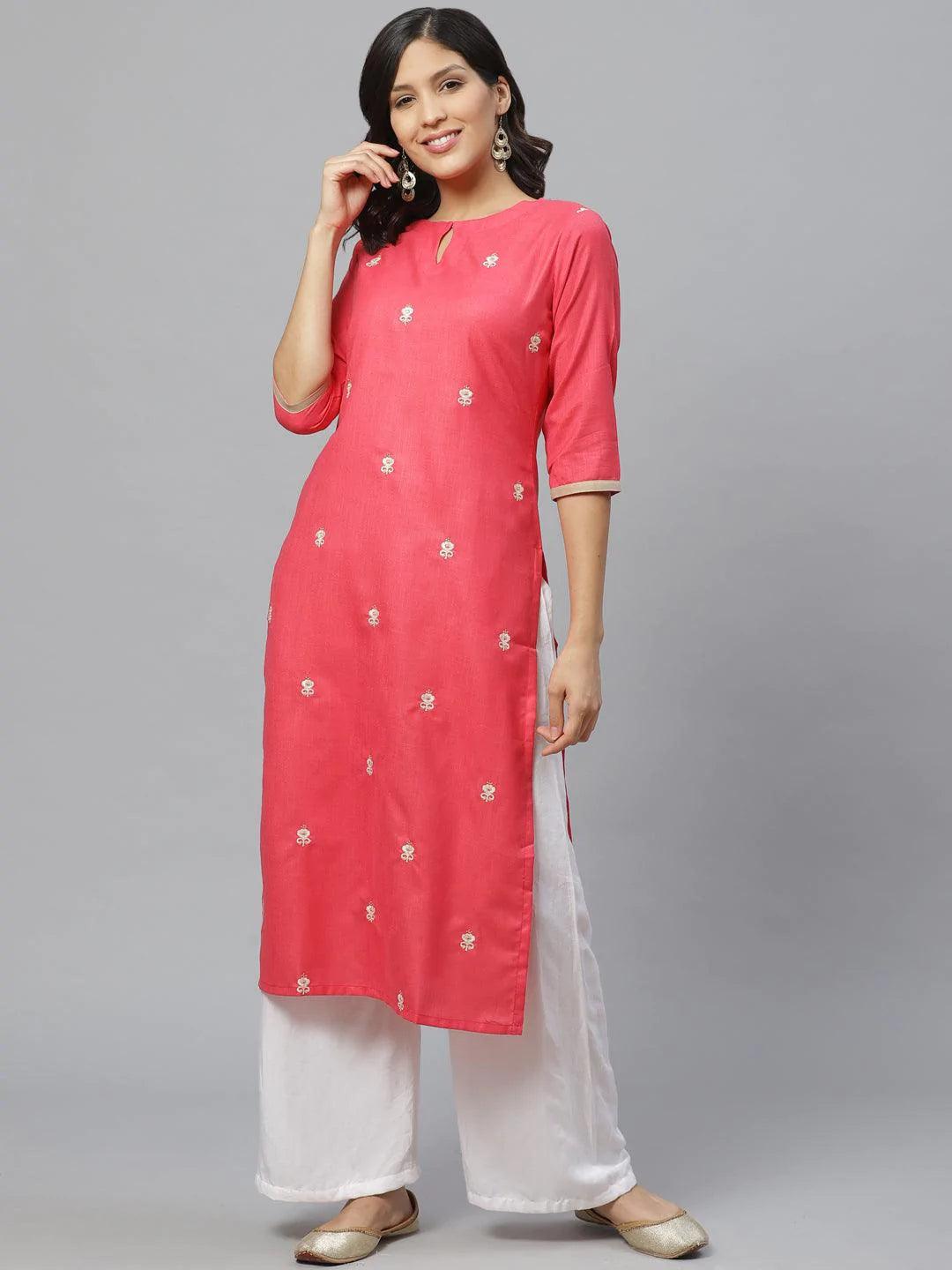 Pink Embroidered Cotton Kurta