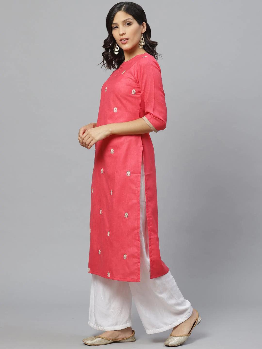 Pink Embroidered Cotton Kurta