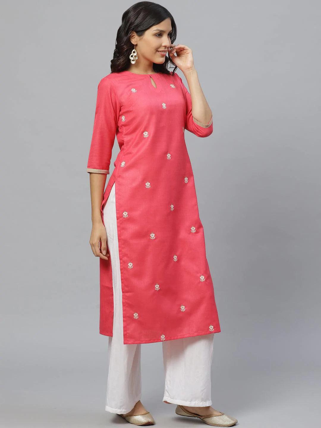 Pink Embroidered Cotton Kurta