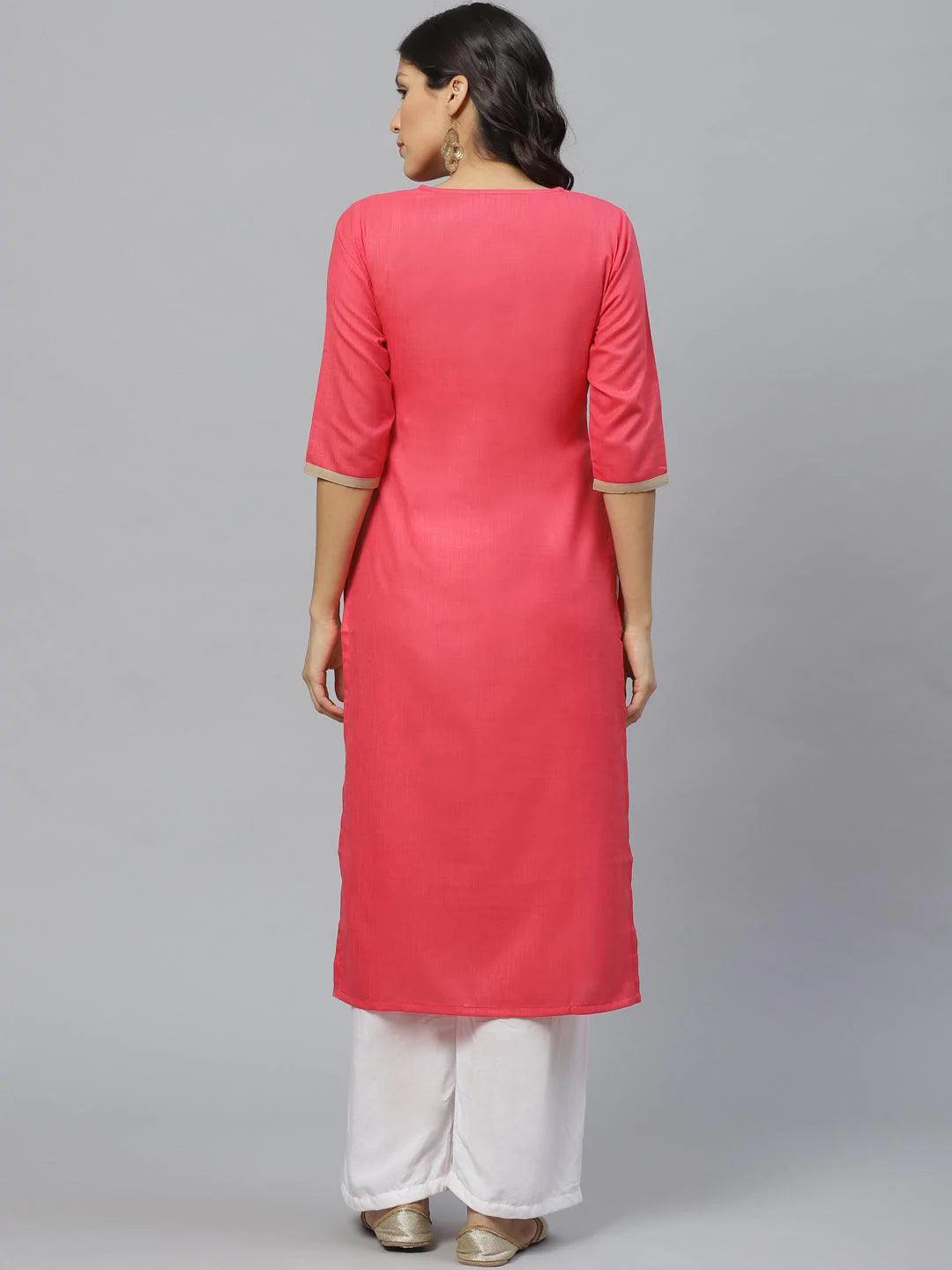 Pink Embroidered Cotton Kurta