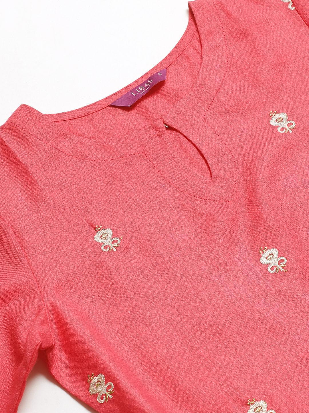 Pink Embroidered Cotton Kurta