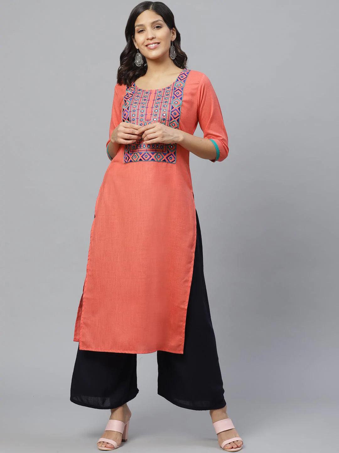 Pink Embroidered Cotton Kurta