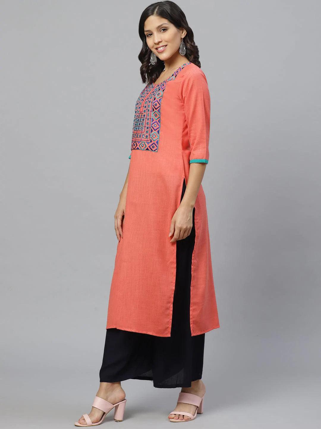 Pink Embroidered Cotton Kurta