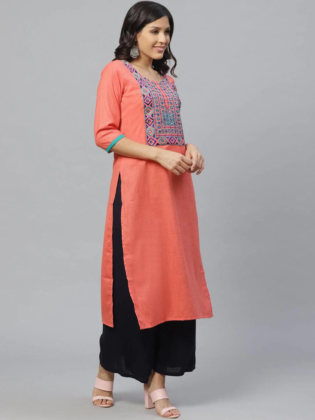 Pink Embroidered Cotton Kurta