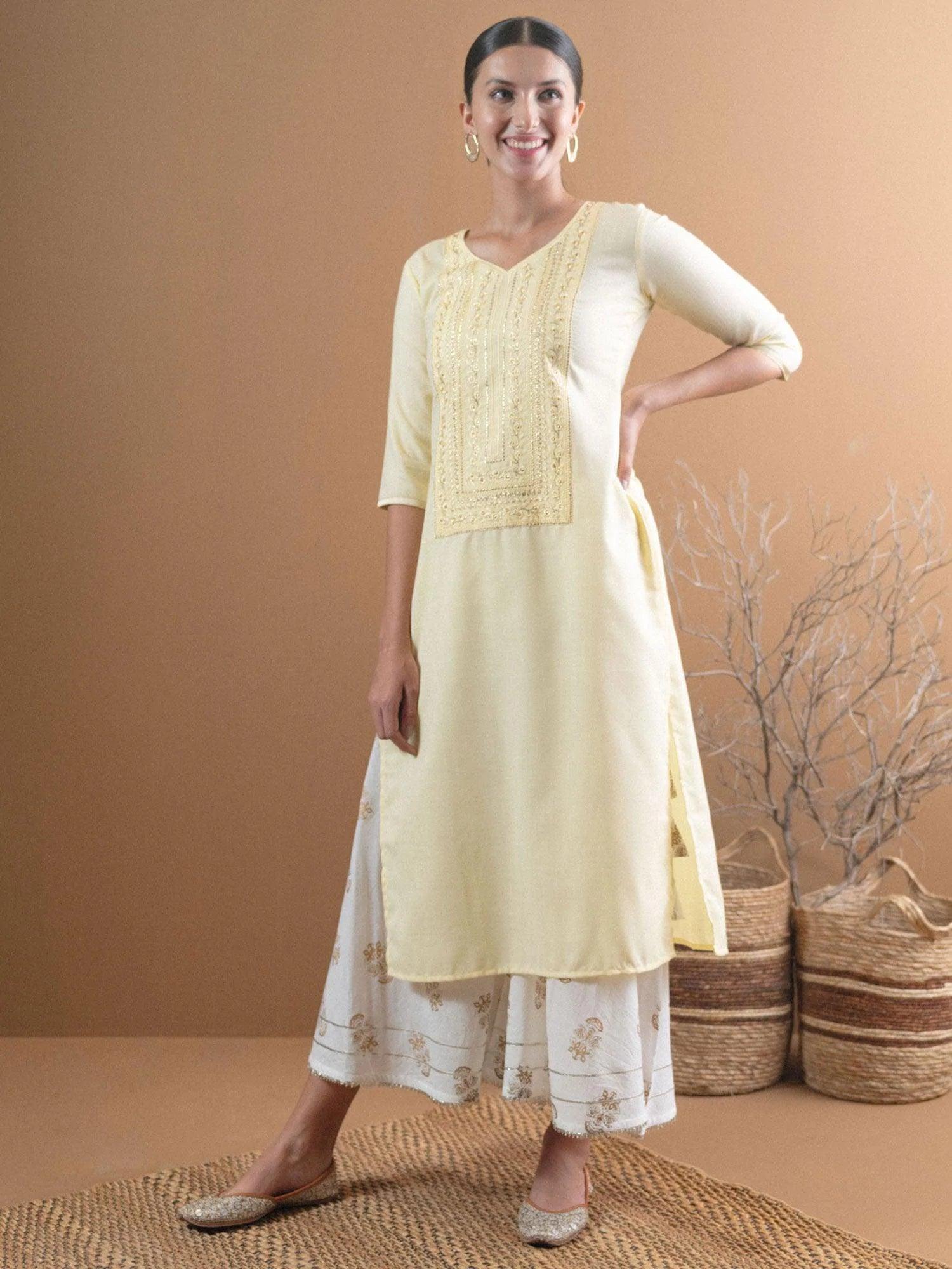 Beige Embroidered Cotton Kurta With Mask