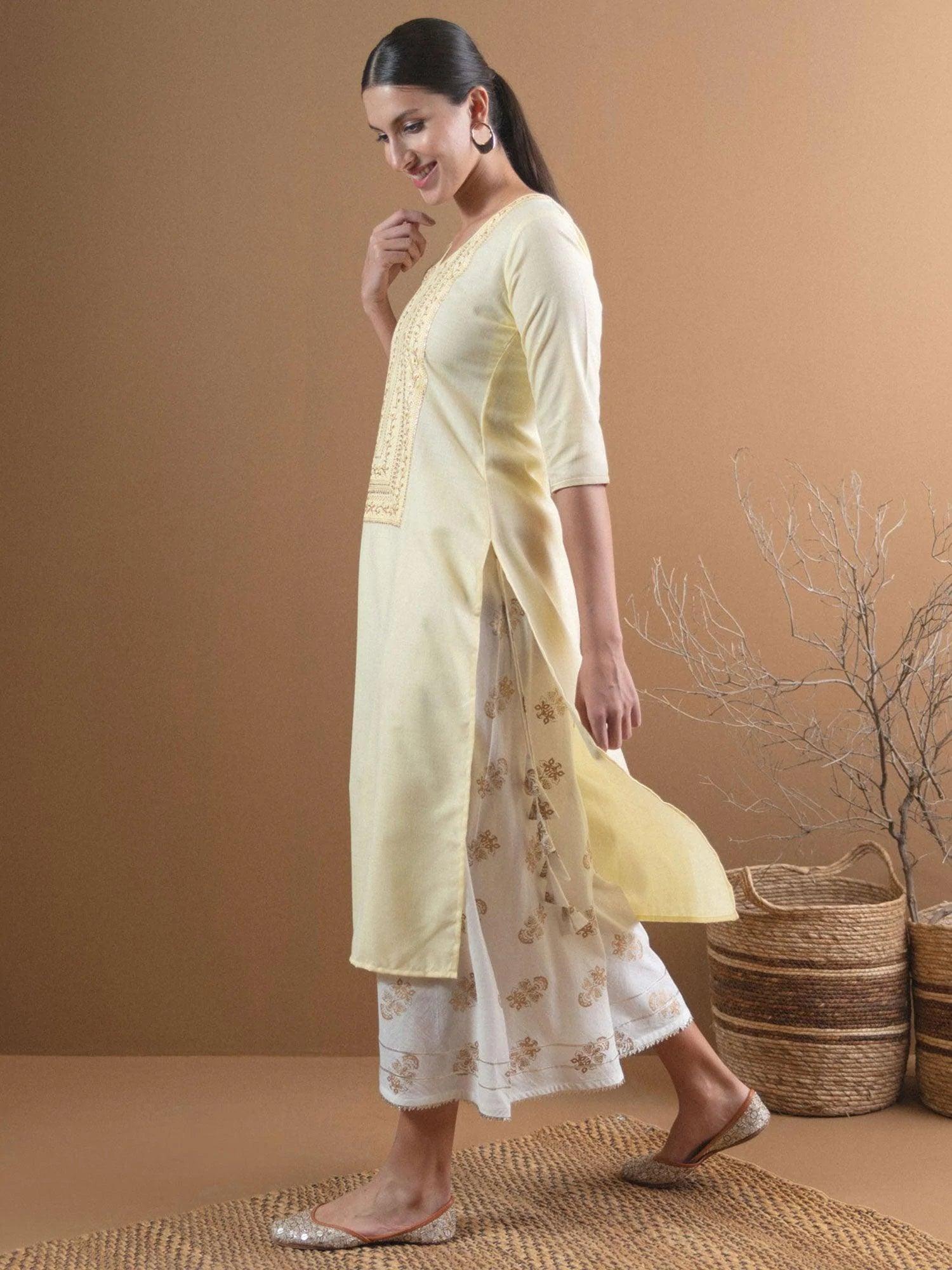 Beige Embroidered Cotton Kurta With Mask